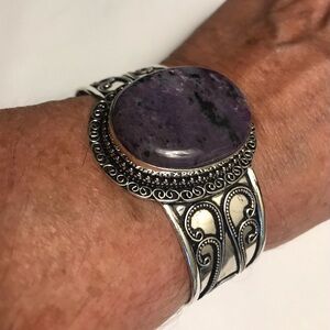 Charoite Stamped 925 Sterling Silver Cuff Bracelet